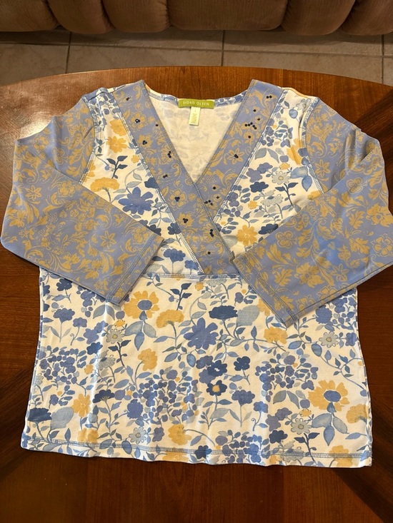 Sigrid Olsen Tops - Sigrid Olsen Women’s Blue & Yellow Floral V-Neck Top